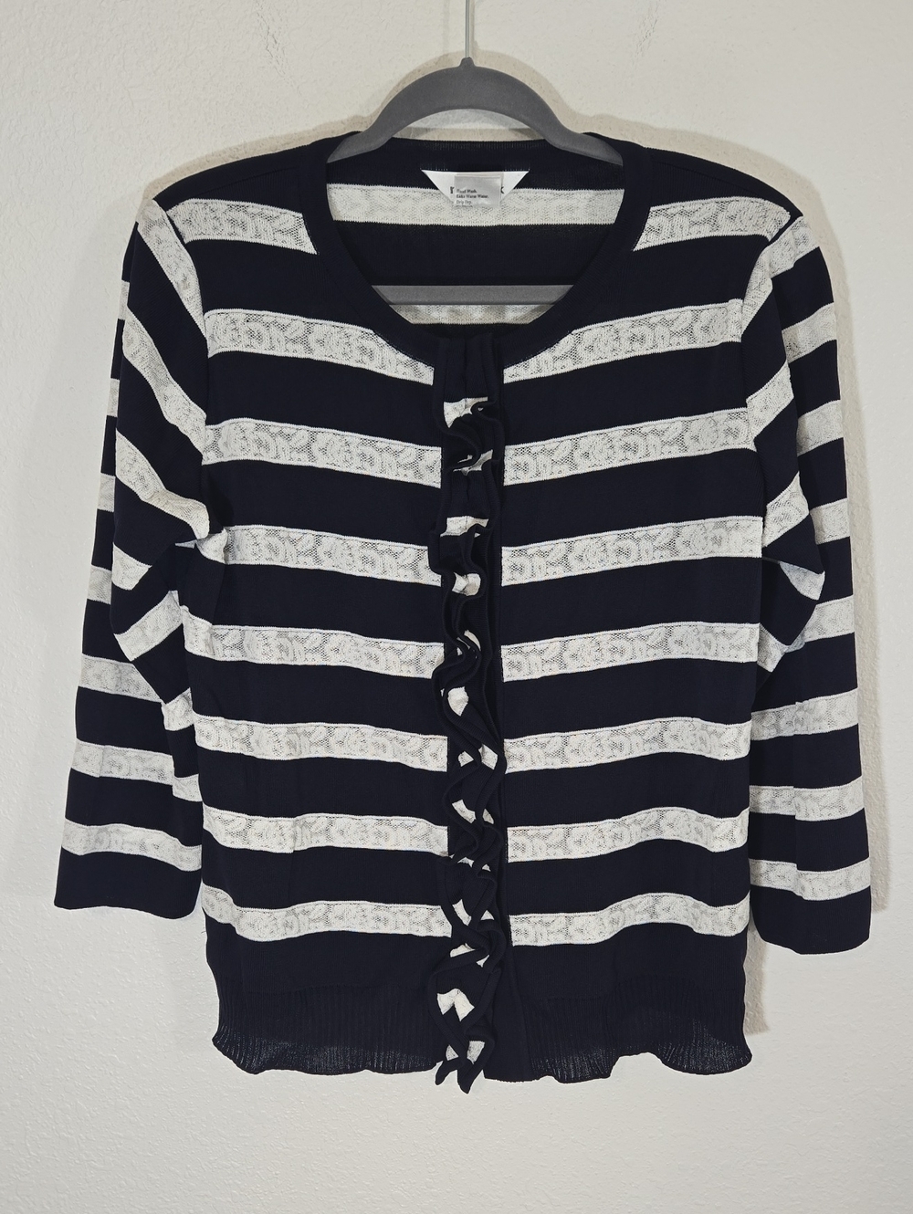Exclusively Misook Dark Navy/White Lace-Trim Striped Cardigan Ruffle Front, M